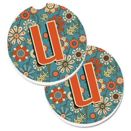 Carolines Treasures Letter U Flowers Retro Blue Set of 2 Cup Holder Car Coaster CJ2012-UCARC